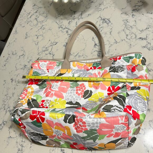 LeSportsac Tote Weekender Travel Bag Tan Straps White Multicolor Floral 18x13x7 - Picture 5 of 16